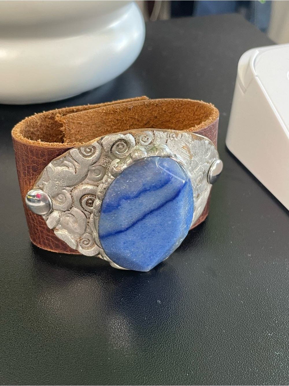 Brown Leather Cuff Bracelet with Blue Stone Accent